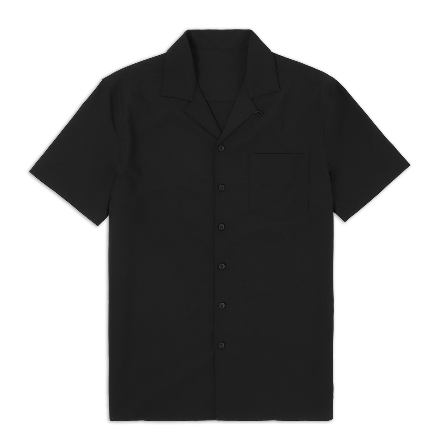 Cabana Camp Collar Shirt Black front with camp collar, patch pocket on left chest, black buttons, and short sleeves