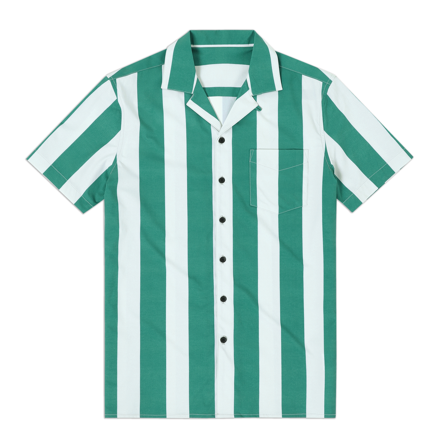Cabana Camp Collar Shirt Green Stripe front with camp collar, patch pocket on left chest, black buttons, and short sleeves