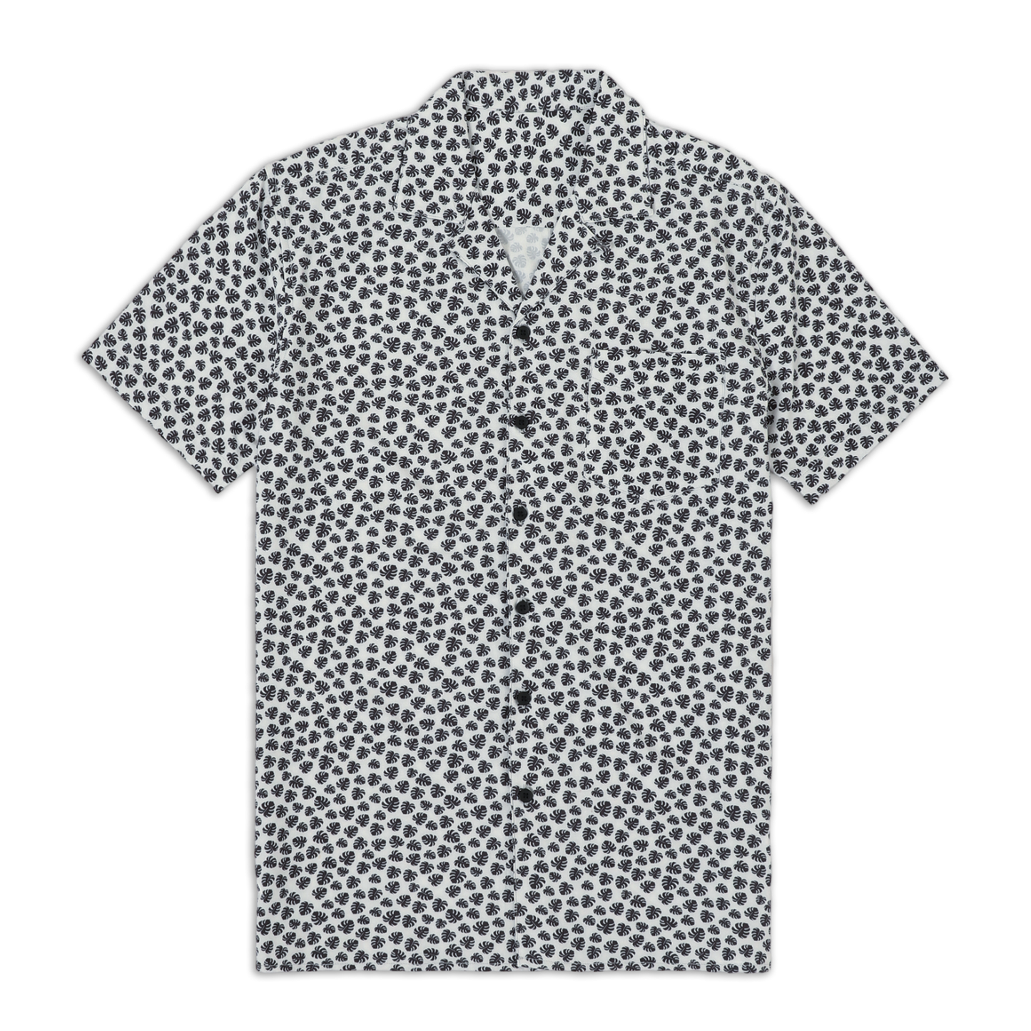 Cabana Camp Collar Shirt Monstera front with camp collar, patch pocket on left chest, black buttons, and short sleeves