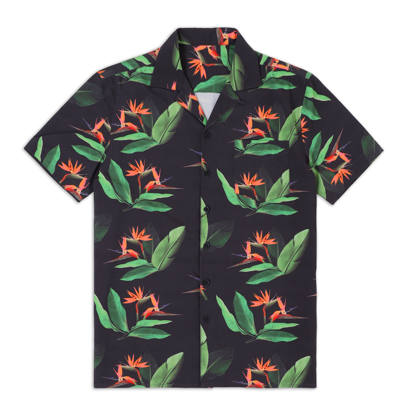 Cabana Camp Collar Shirt Paradise front with camp collar, patch pocket on left chest, black buttons, and short sleeves