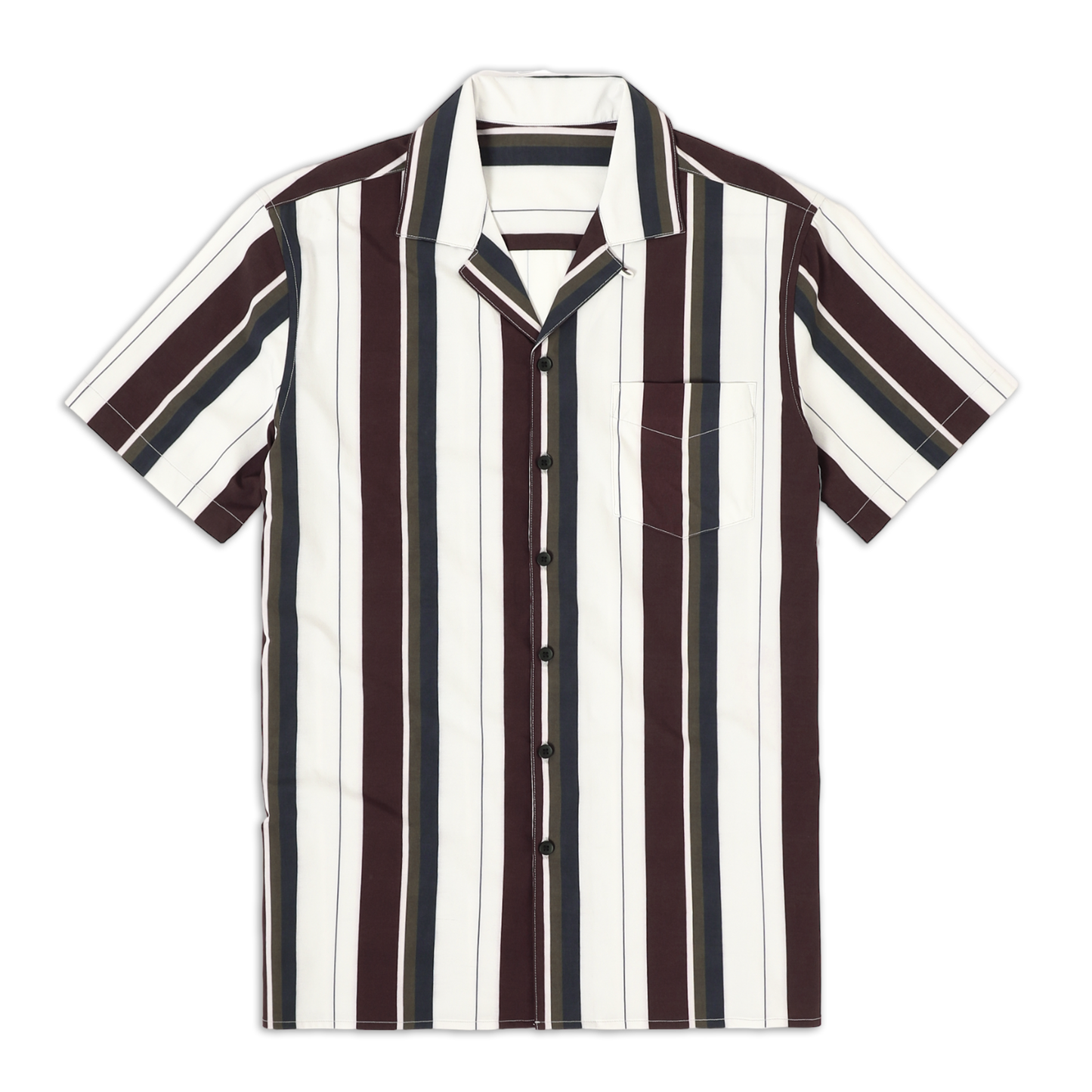 Cabana Camp Collar Shirt Vintage Stripe front with camp collar, patch pocket on left chest, black buttons, and short sleeves