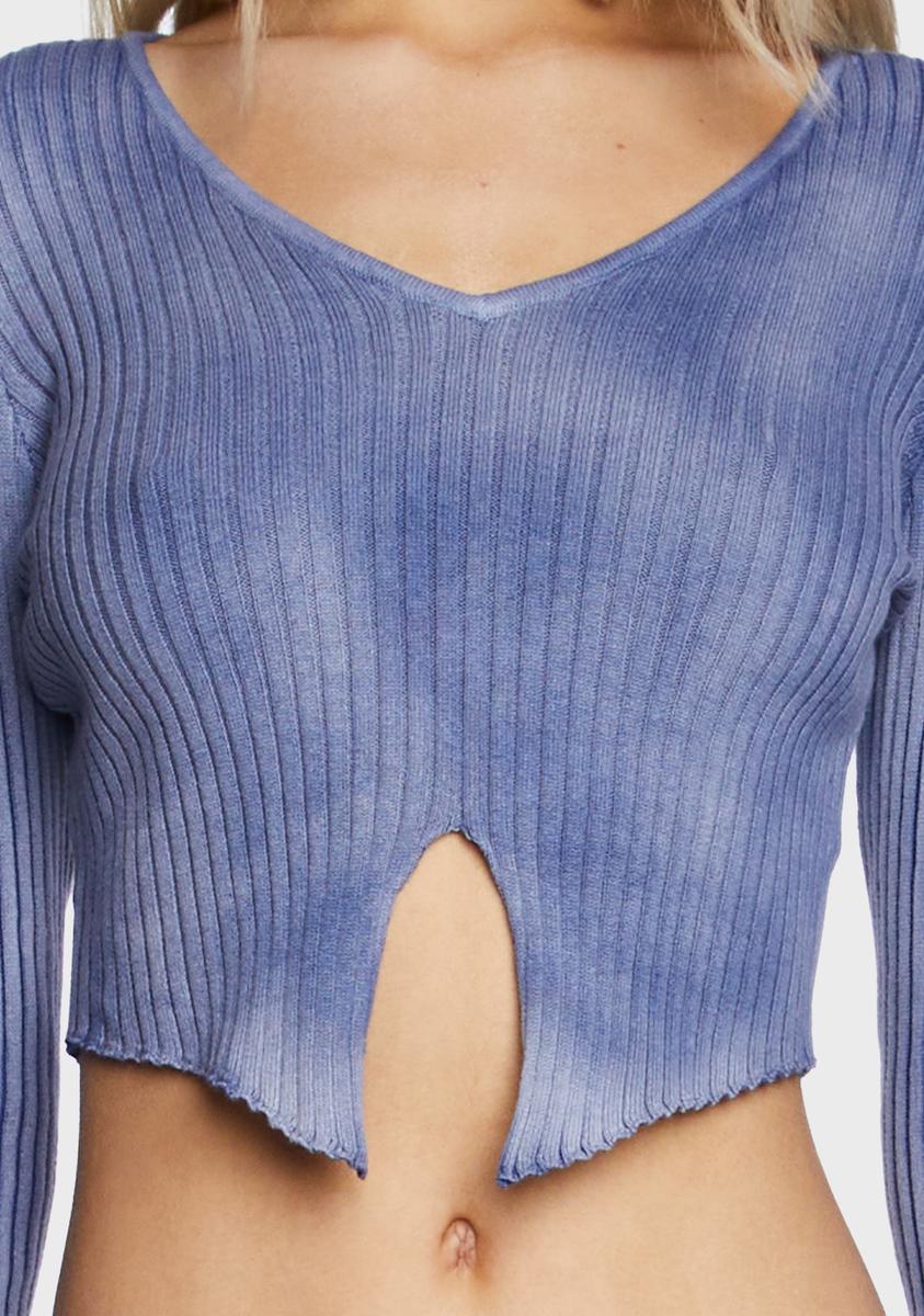 Washed Blue Ribbed Knit Top