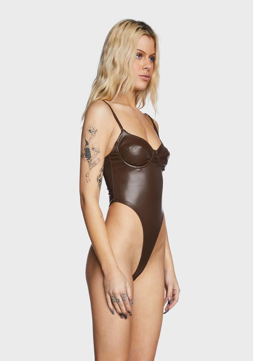 High-Cut Faux Leather Cupped Bodysuit