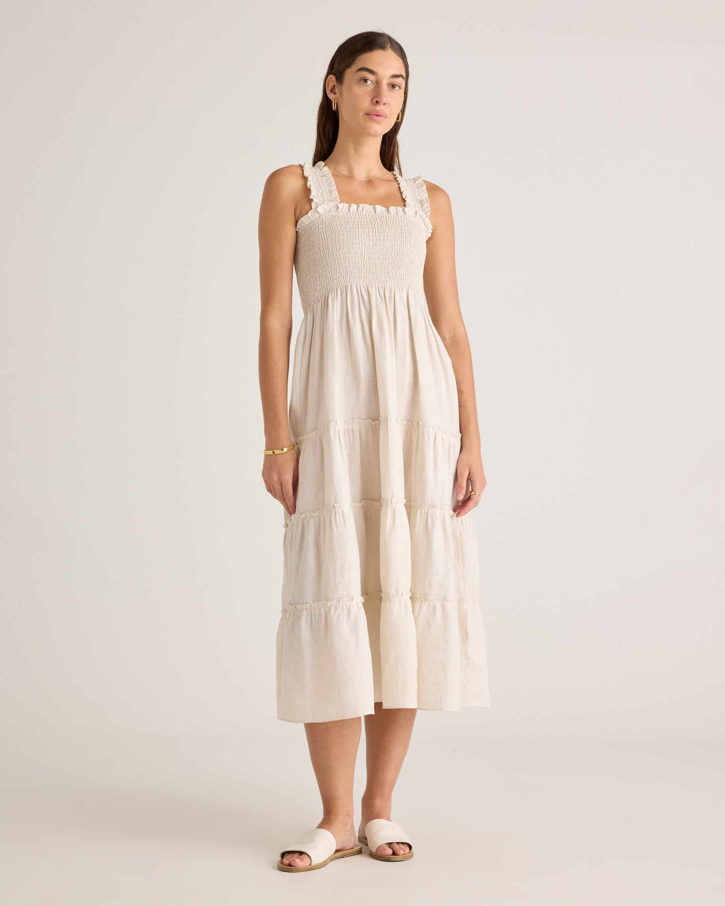100% European Linen Smocked Midi Dress