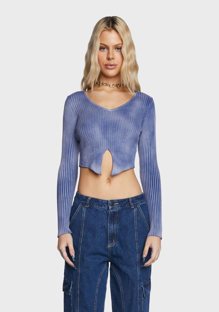 Washed Blue Ribbed Knit Top