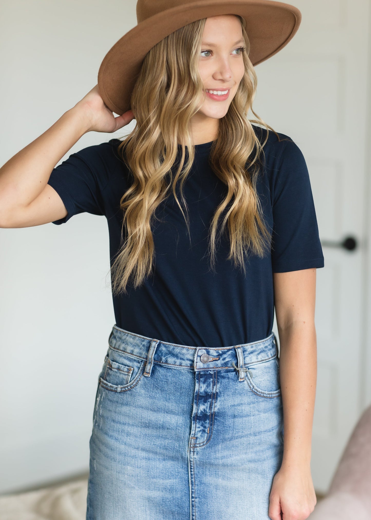 Light Wash Denim Classic Midi Skirt