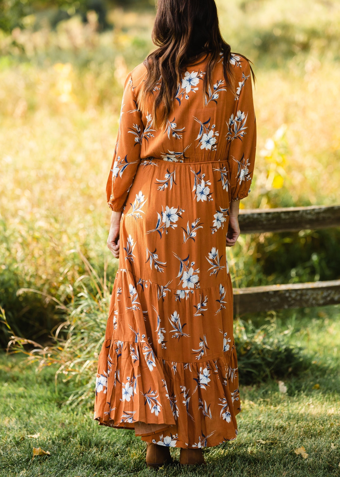 Rust Floral Wrap Maxi Dress