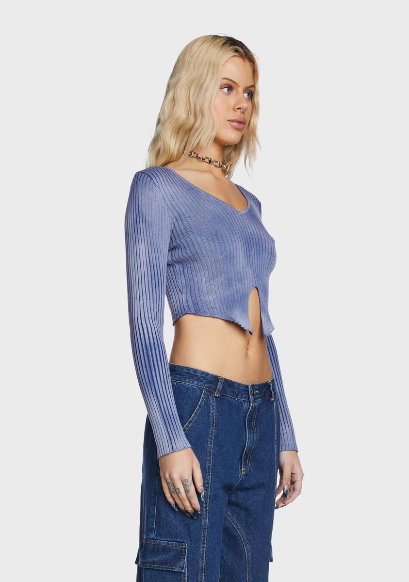 Washed Blue Ribbed Knit Top