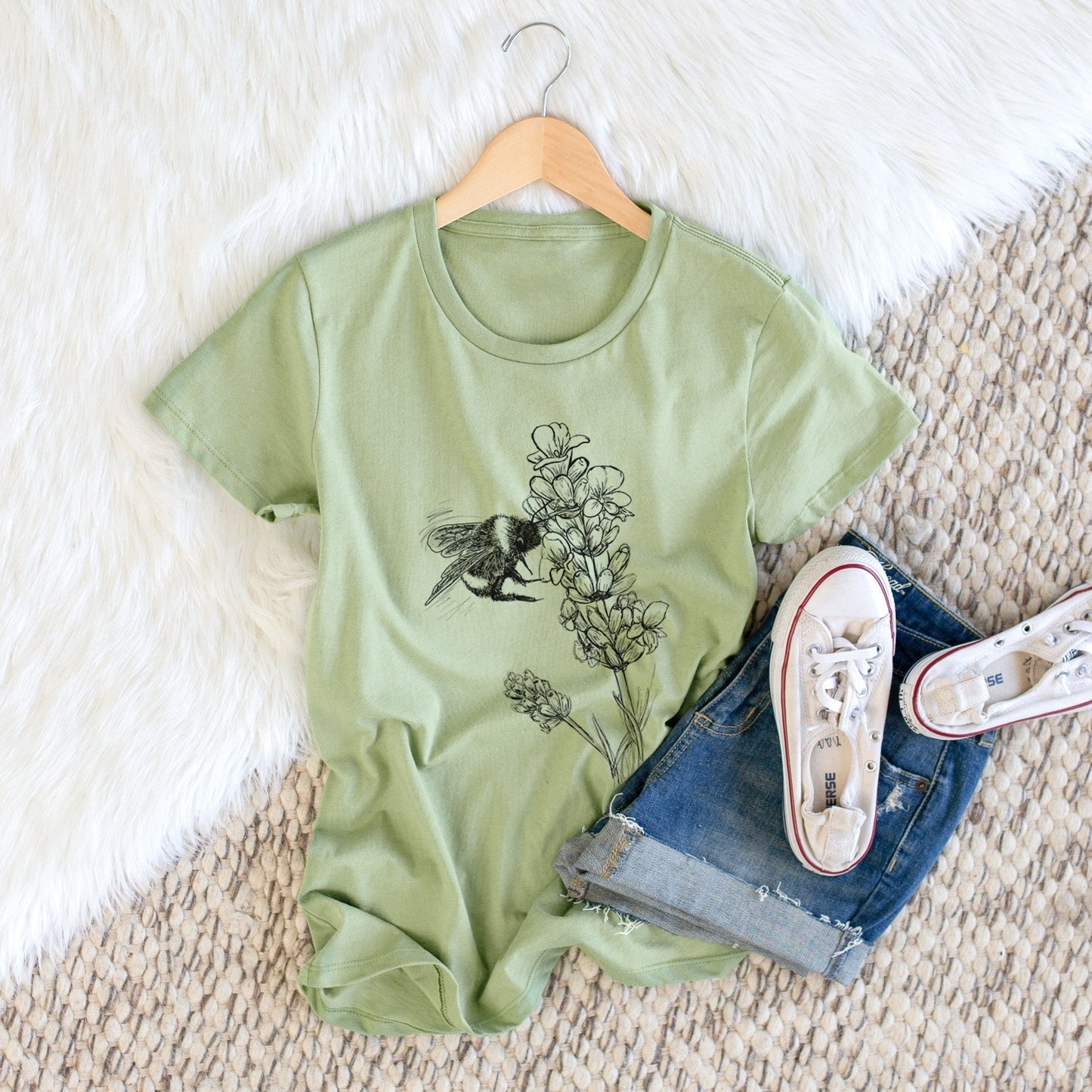 Bumblebee on English Lavender - Bombus Pensylvanicus - Women's Crewneck - Made in USA - 100% Organic Cotton