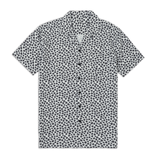 Cabana Camp Collar Shirt Monstera  front with camp collar, patch pocket on left chest, black buttons, and short sleeves