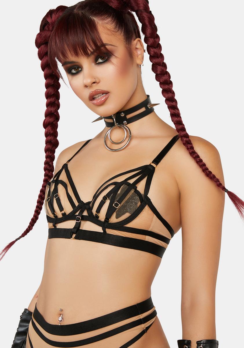 x Hustler Willa Black Thick Strap Illusion Mesh Longline Bra