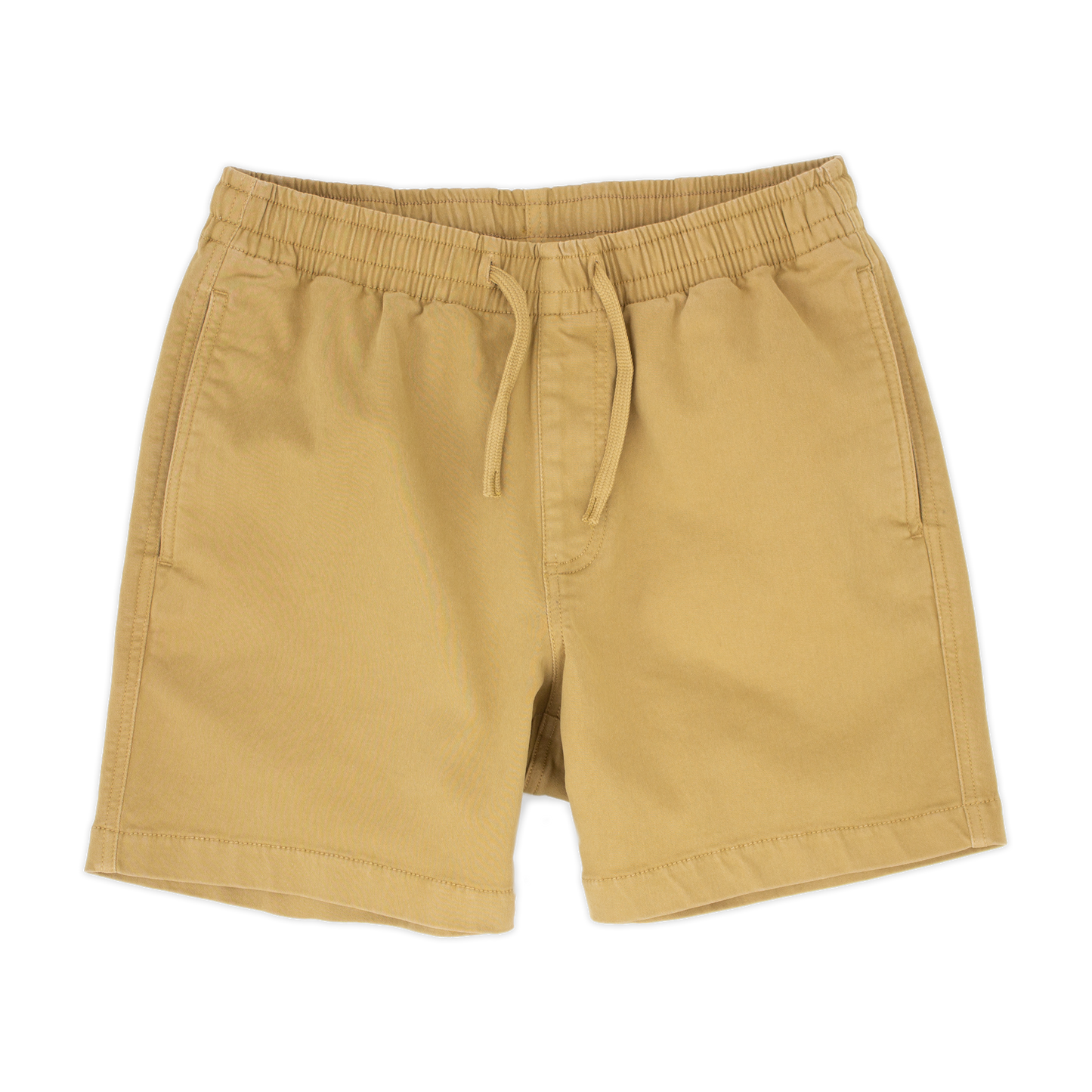 Alto Short 5.5" inseam in Khaki front with elastic waistband, fabric drawstring, faux fly, and two front side seam pockets
