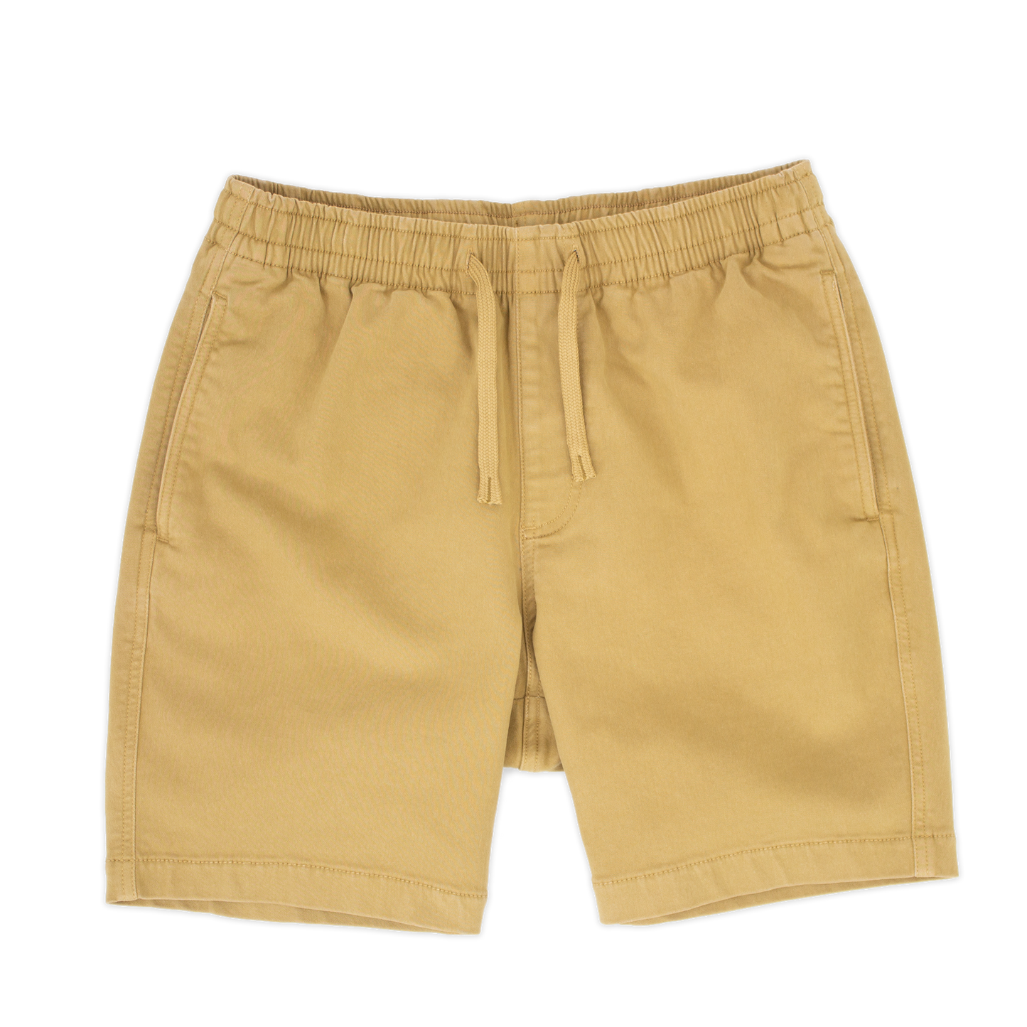 Alto Short 7" inseam in Khaki front with elastic waistband, fabric drawstring, faux fly, and two front side seam pockets