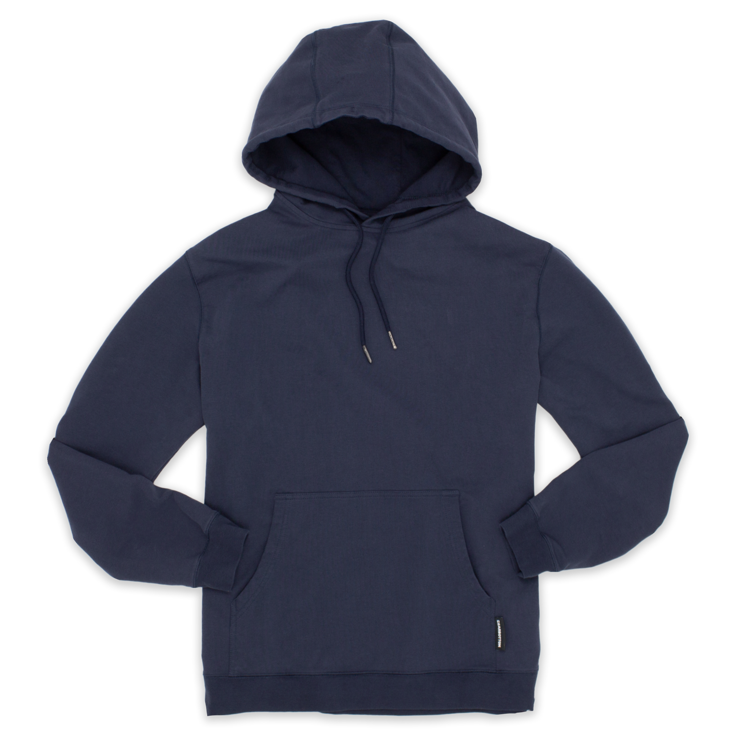 Front of Loft Hoodie Navy with drawstrings with metal tips, kangaroo pocket, and ribbed wrists