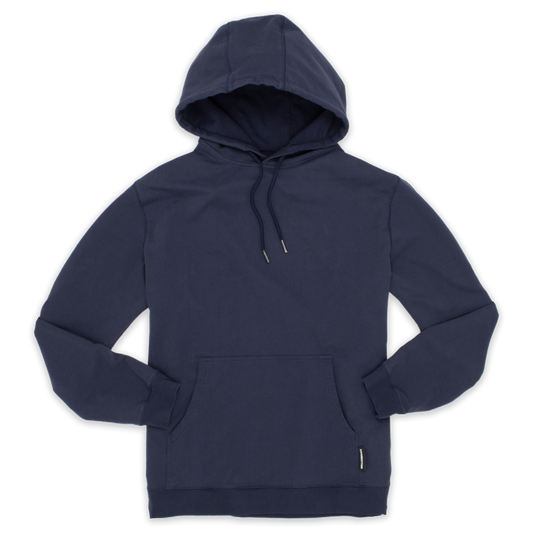 Front of Loft Hoodie Navy with drawstrings with metal tips, kangaroo pocket, and ribbed wrists