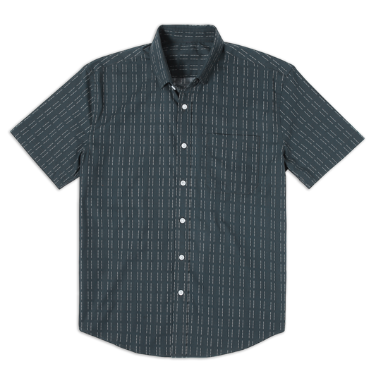 Marina Shirt Coal front with white buttons, button collar, short sleeves and front left patch pocket