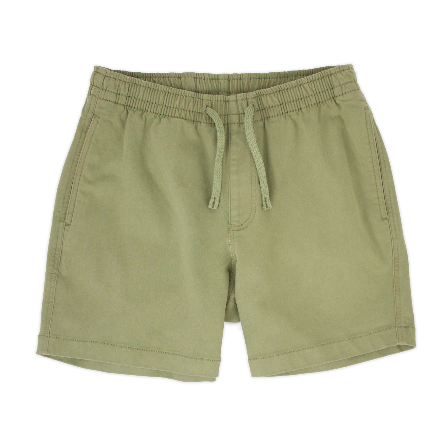 Alto Short 5.5" inseam in Olive front with elastic waistband, fabric drawstring, faux fly, and two front side seam pockets