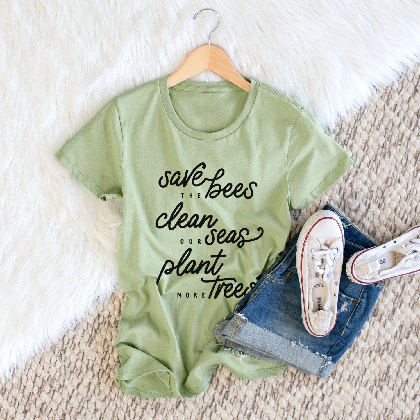 Bees Seas Trees - Typography - Women's Crewneck - Made in USA - 100% Organic Cotton