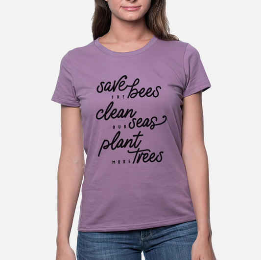 Bees Seas Trees - Typography - Women's Crewneck - Made in USA - 100% Organic Cotton