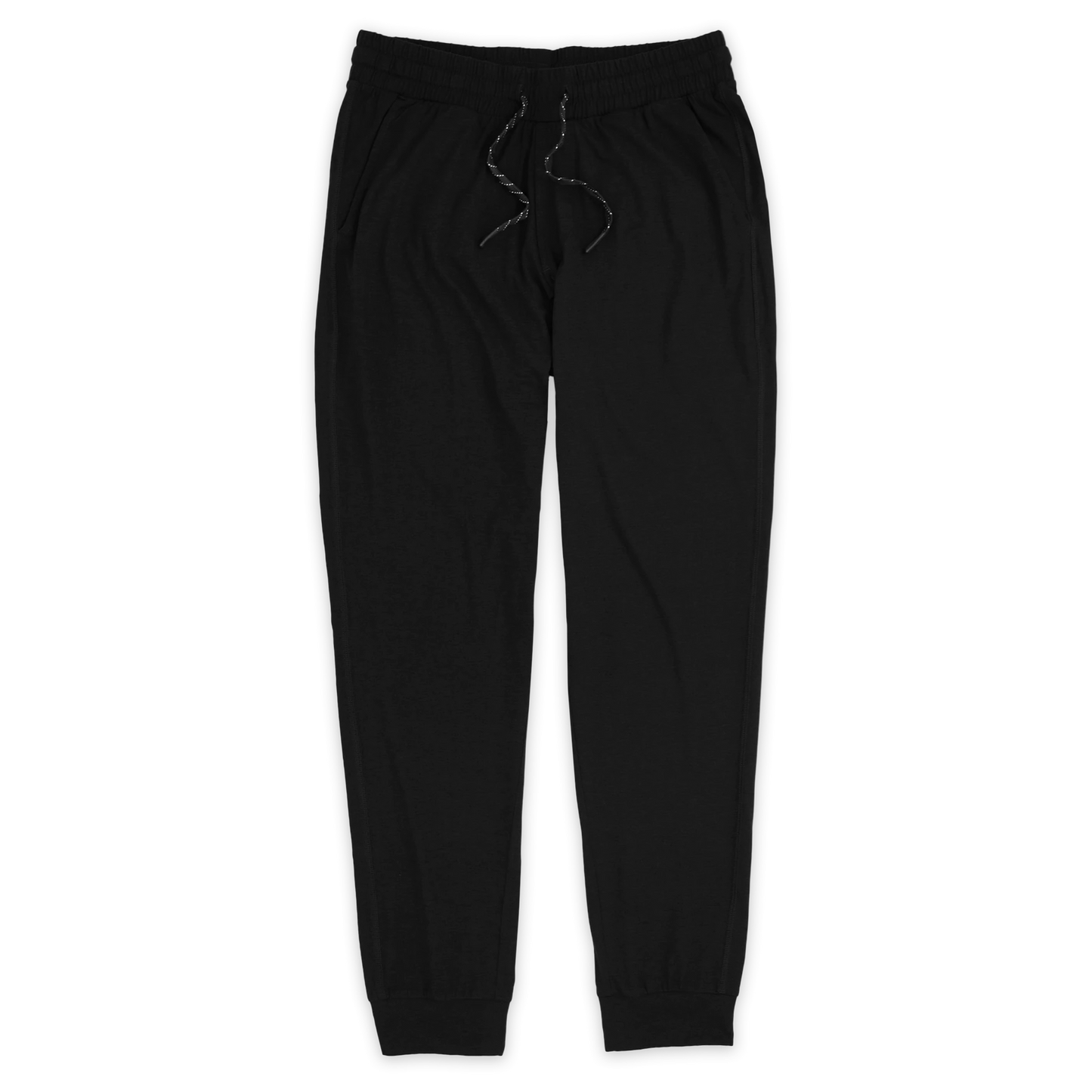 Tech Jogger Black with elastic waistband, two front pockets, and flat black and white drawstring
