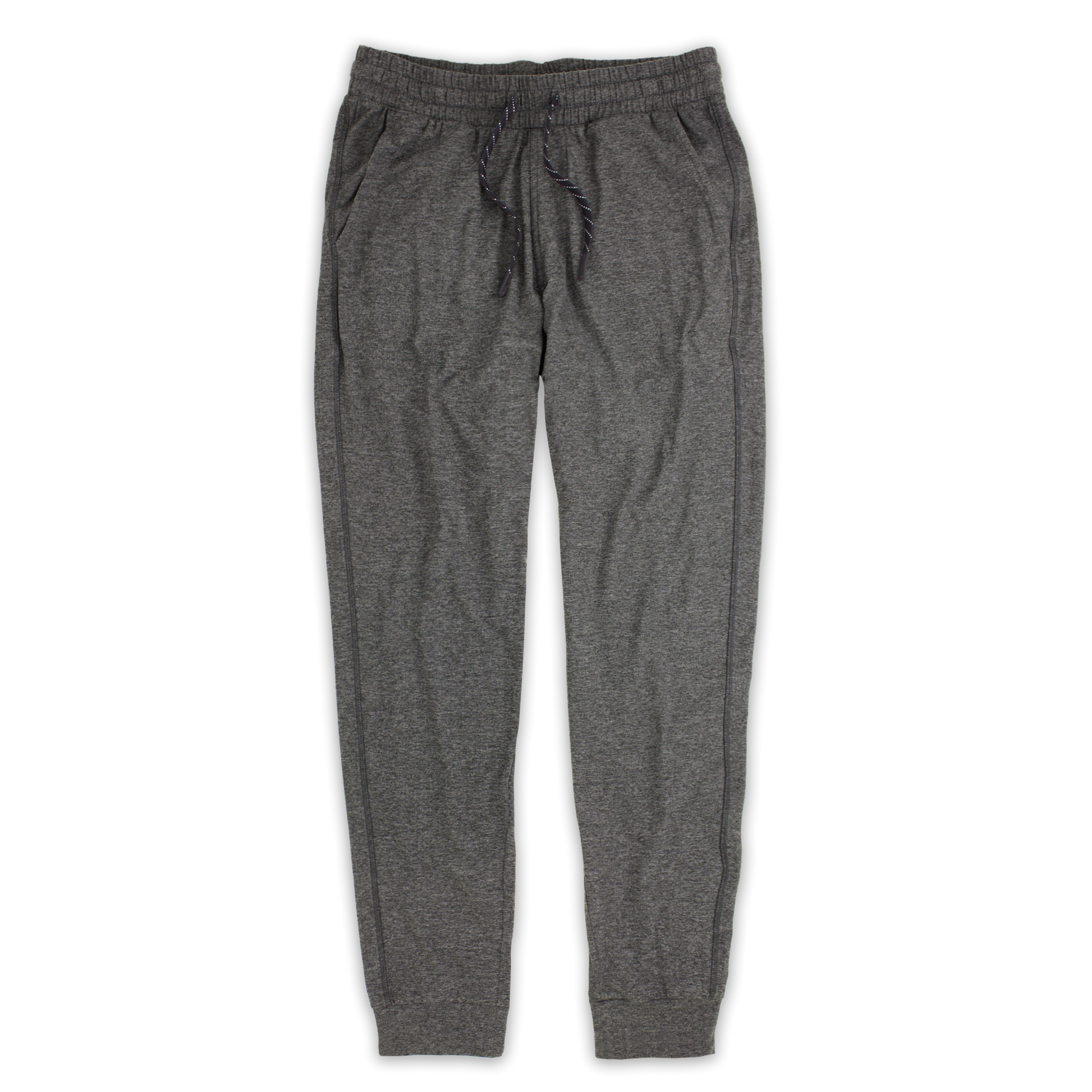 Tech Jogger Grey with elastic waistband, two front pockets, and flat black and white drawstring