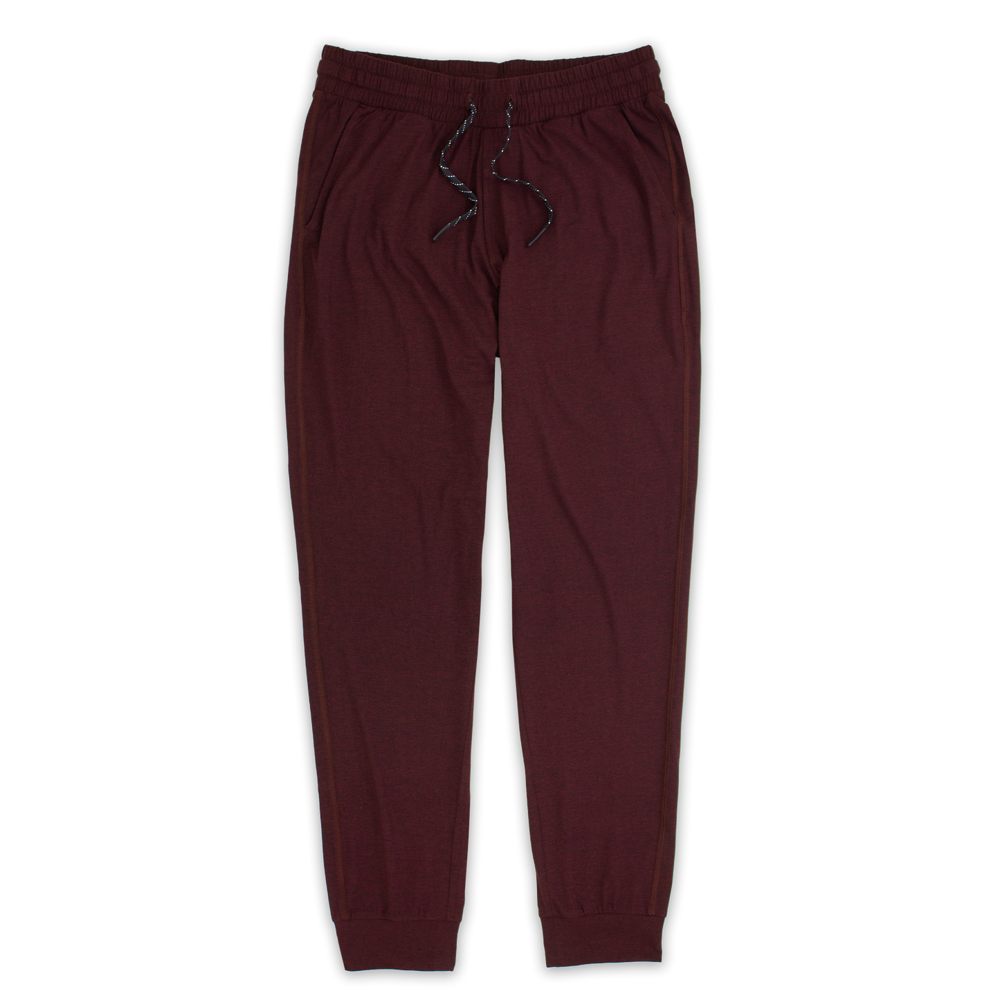 Tech Jogger Maroon with elastic waistband, two front pockets, and flat black and white drawstring