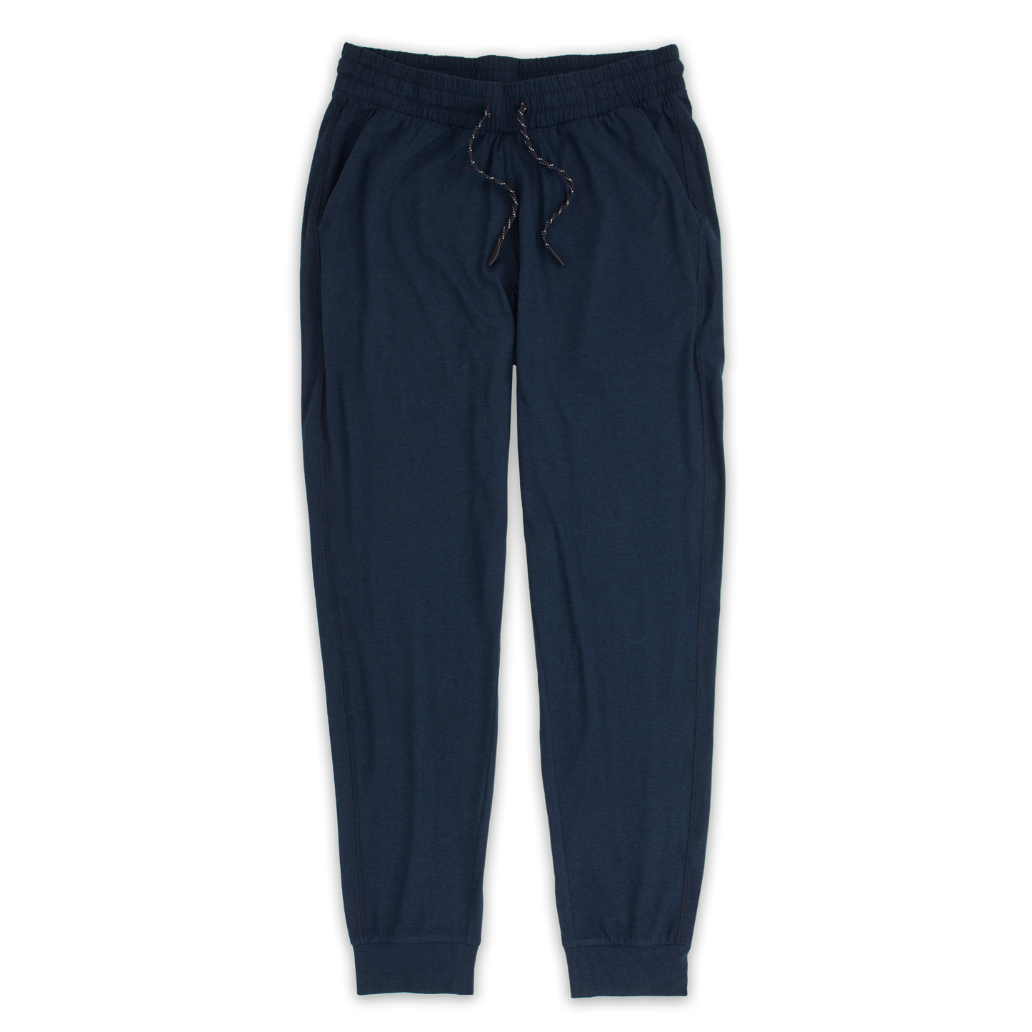 Tech Jogger Navy with elastic waistband, two front pockets, and flat black and white drawstring