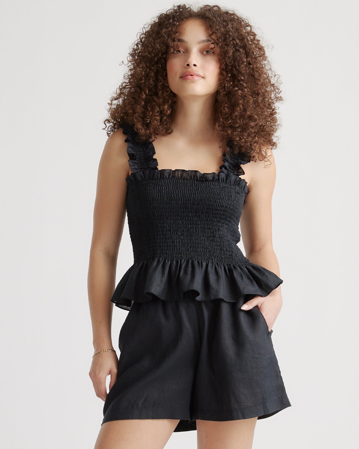100% European Linen Smocked Peplum Tank
