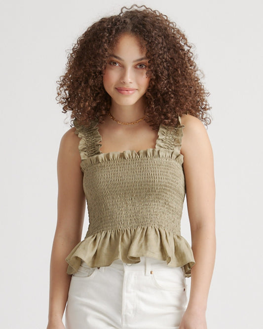100% European Linen Smocked Peplum Tank
