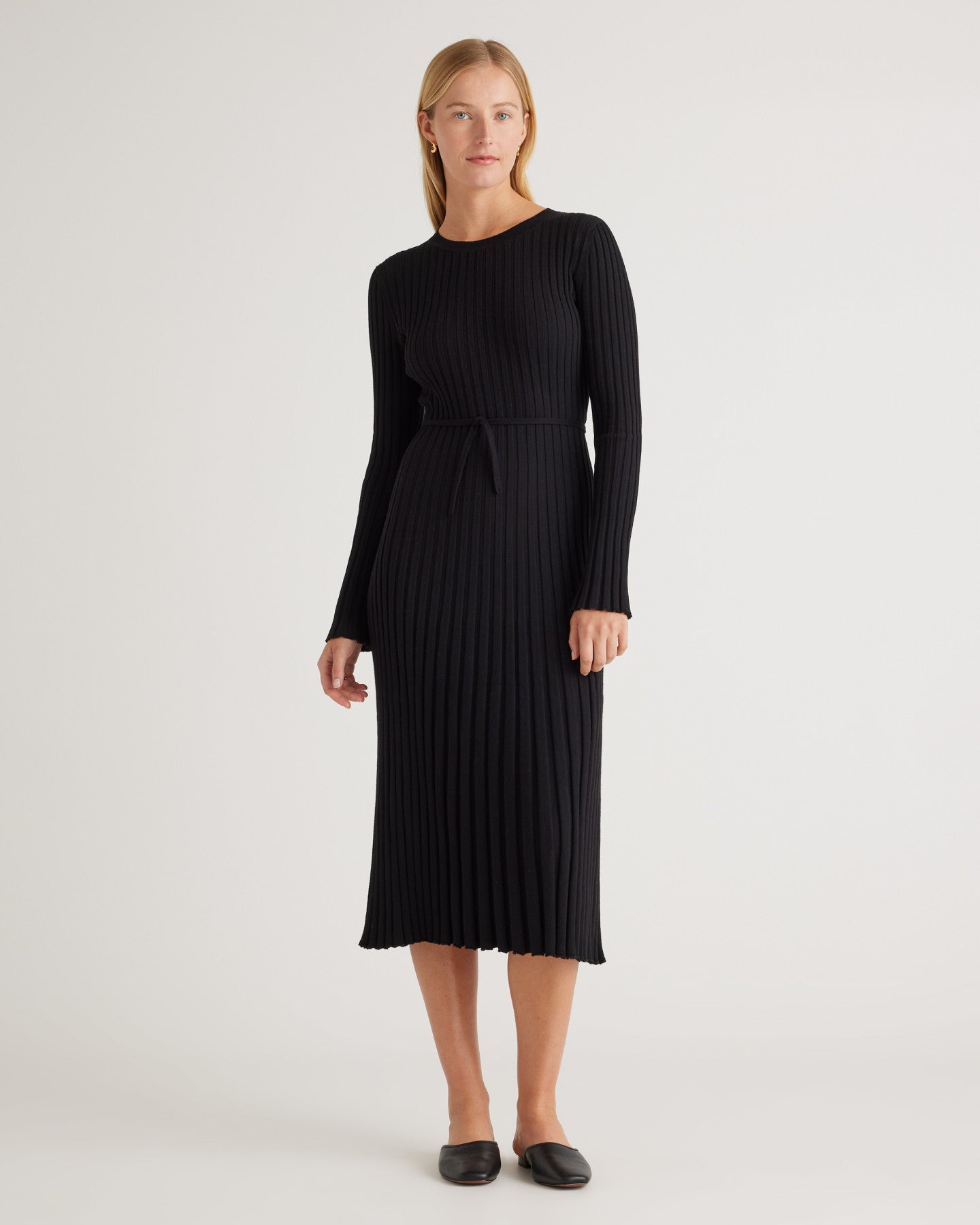 Cotton Cashmere Ribbed Long Sleeve Crew Midi Dress