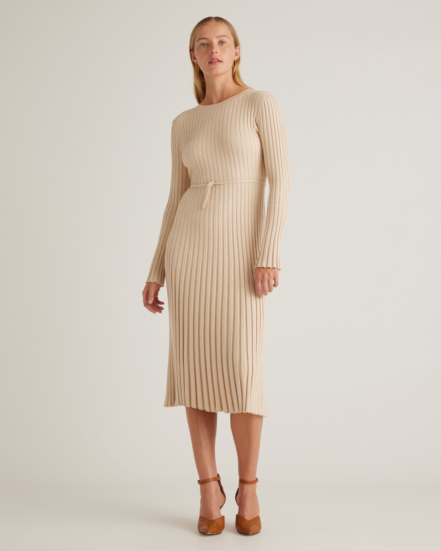 Cotton Cashmere Ribbed Long Sleeve Crew Midi Dress