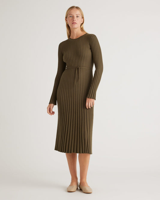 Cotton Cashmere Ribbed Long Sleeve Crew Midi Dress