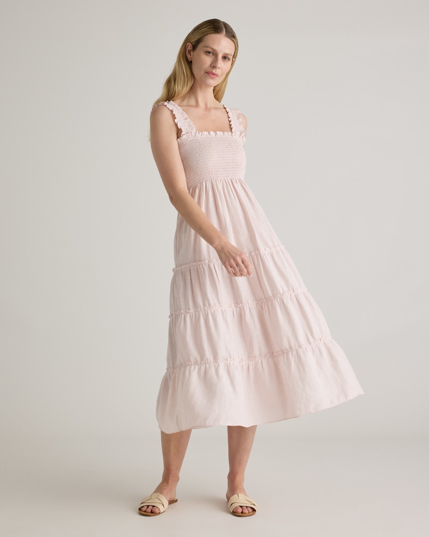 100% European Linen Smocked Midi Dress