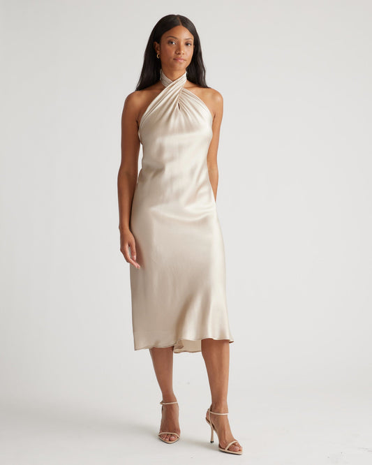 100% Washable Silk Twist Halter Midi Dress