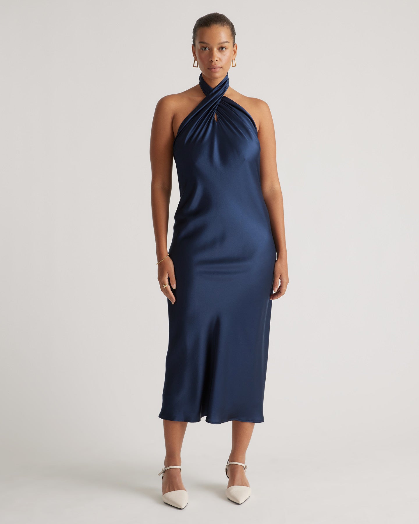 100% Washable Silk Twist Halter Midi Dress