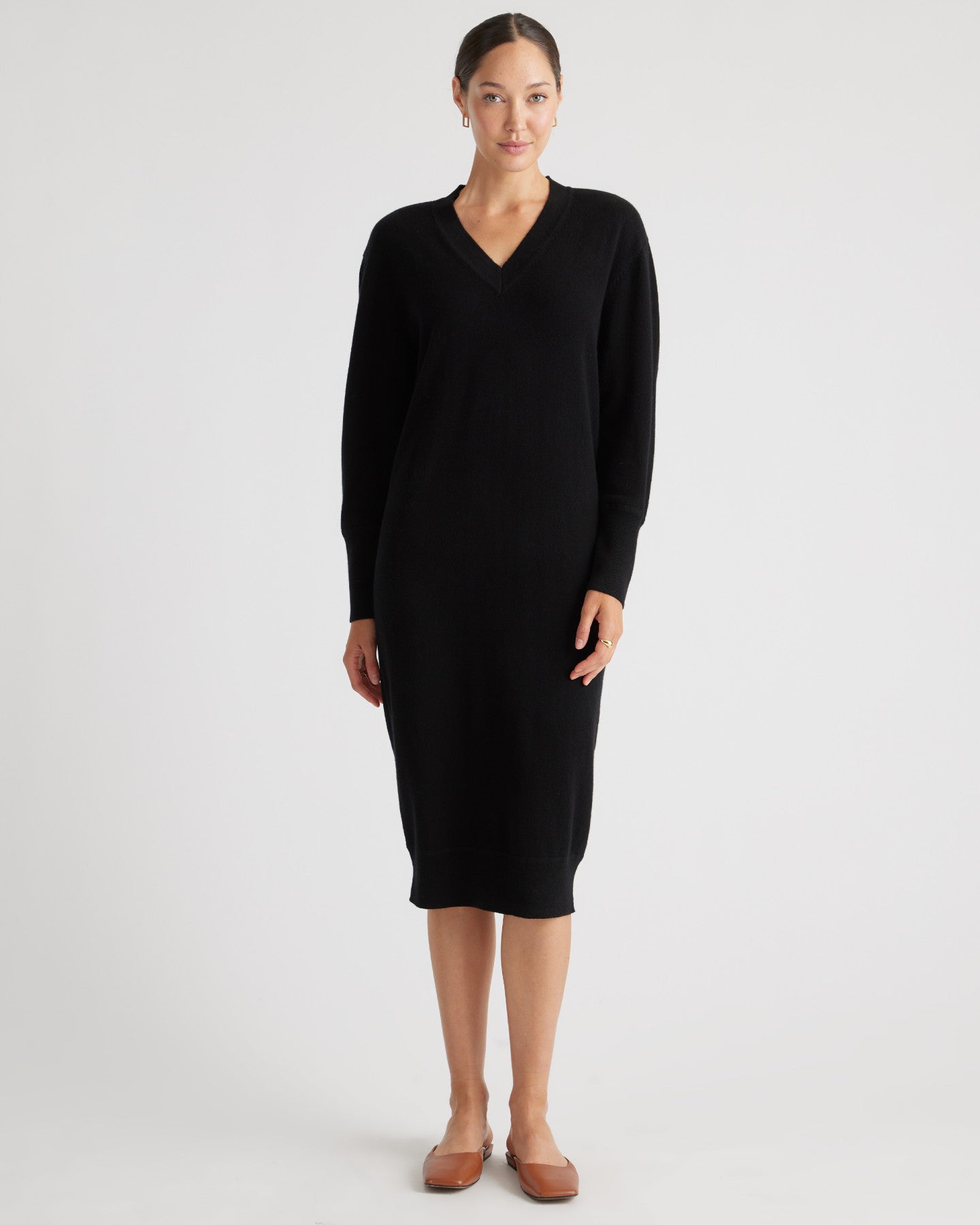 Mongolian Cashmere V-Neck Midi Sweater Dress