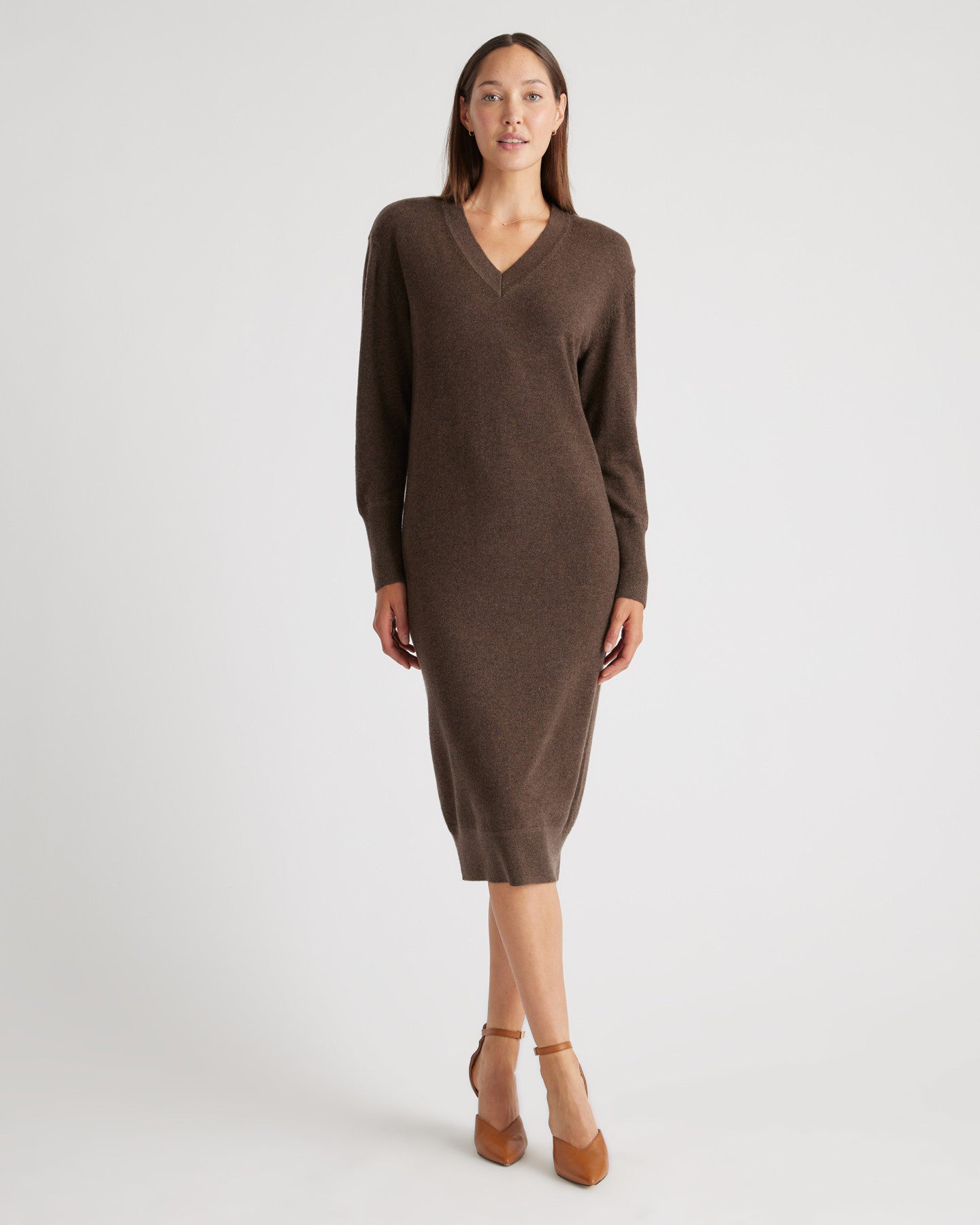 Mongolian Cashmere V-Neck Midi Sweater Dress