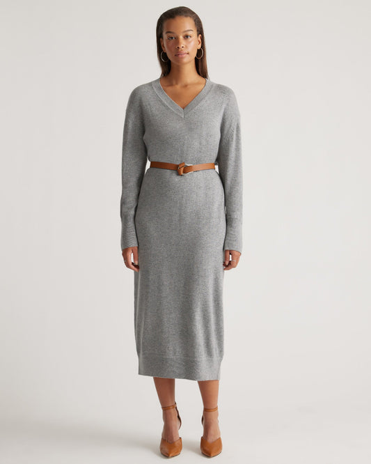 Mongolian Cashmere V-Neck Midi Sweater Dress