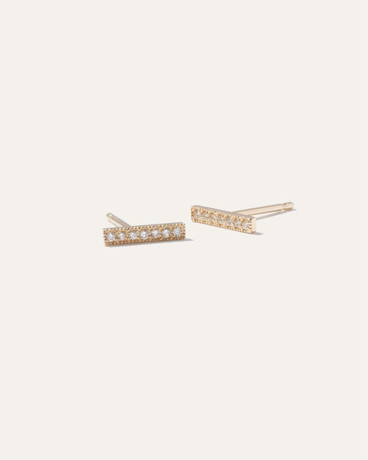14K Gold Pave Diamond Bar Studs