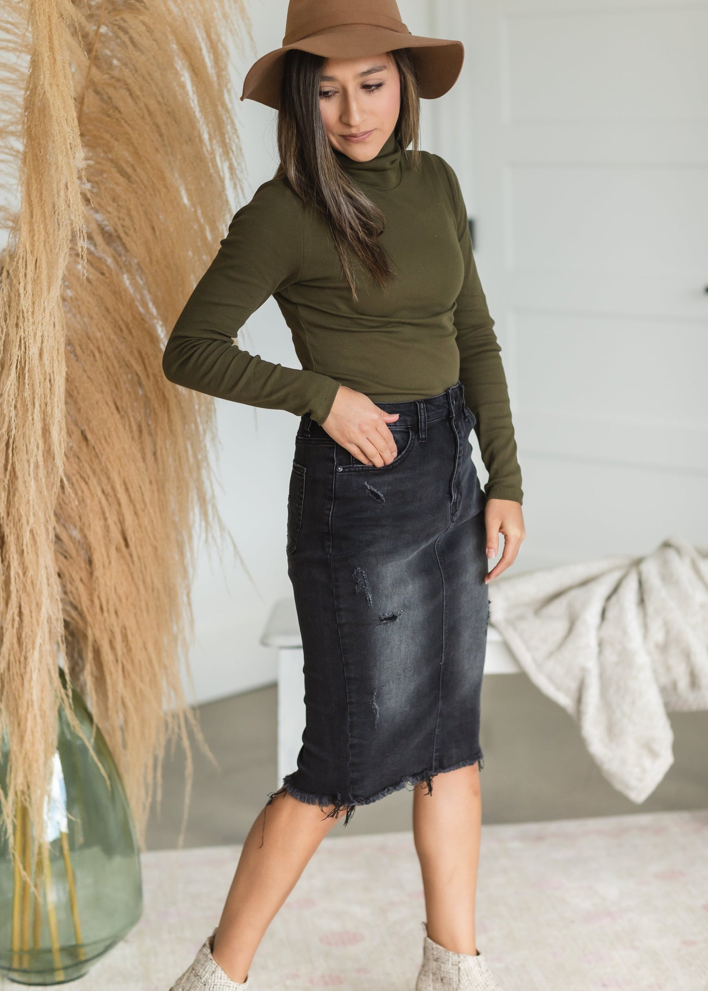 Black Frayed Hem Denim Midi Skirt - FINAL SALE