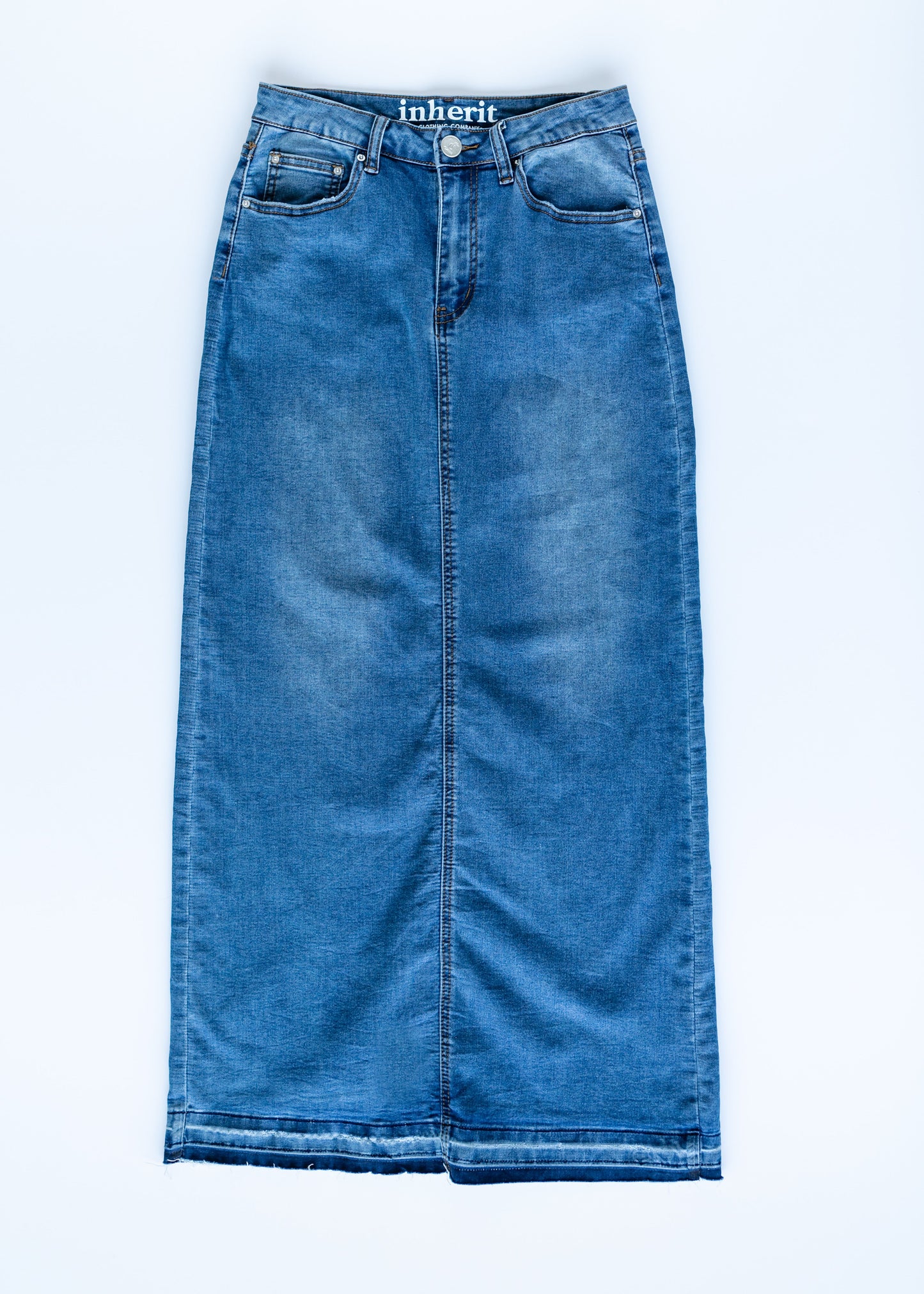 Cheyenne Distressed Raw Hem Long Denim Skirt