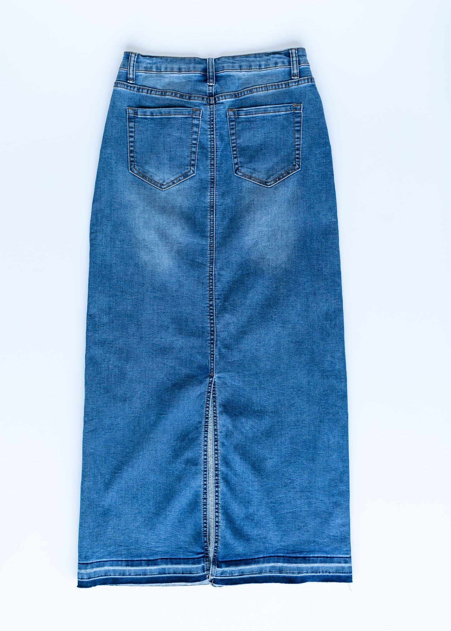 Cheyenne Distressed Raw Hem Long Denim Skirt