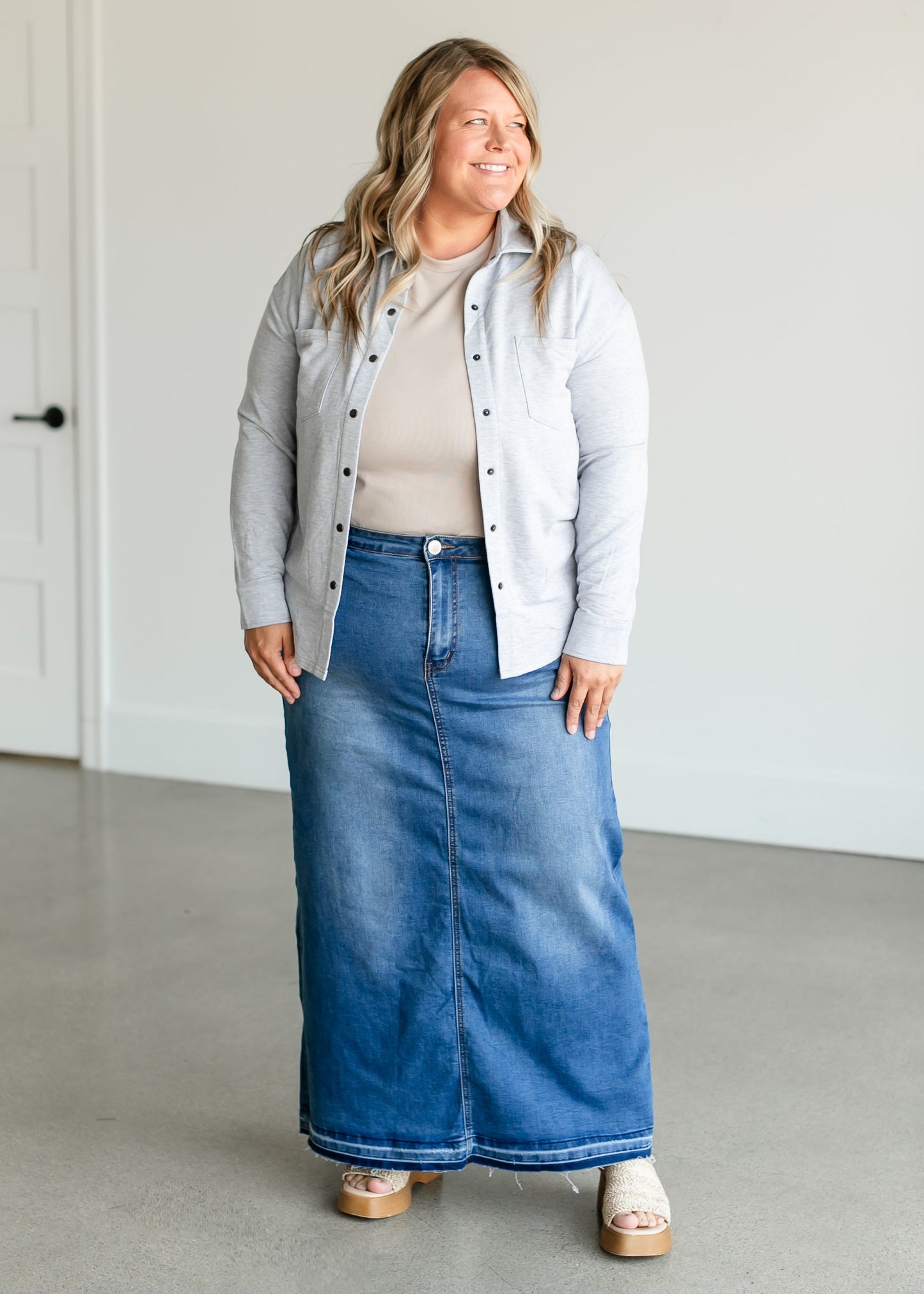 Cheyenne Distressed Raw Hem Long Denim Skirt