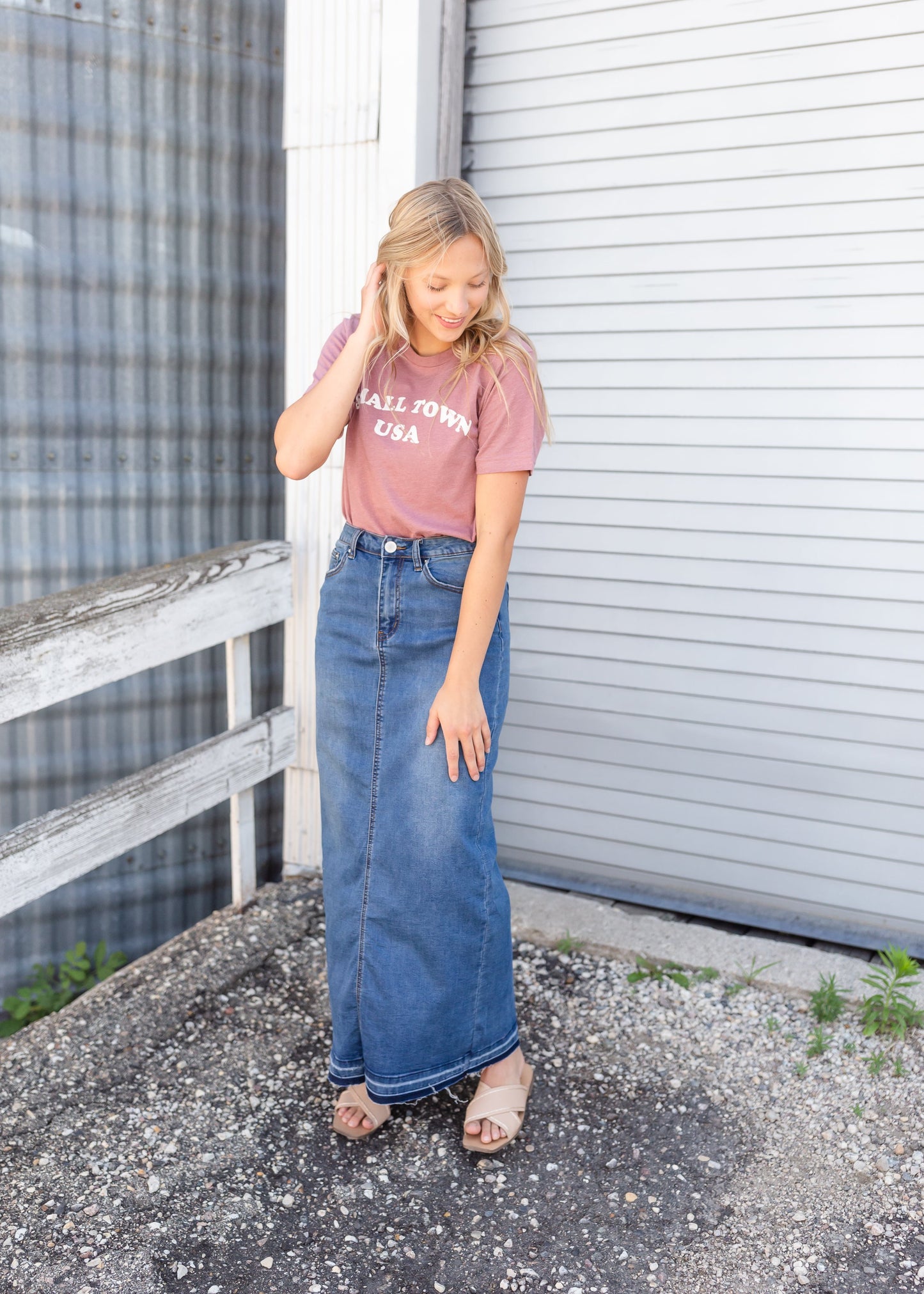 Cheyenne Distressed Raw Hem Long Denim Skirt