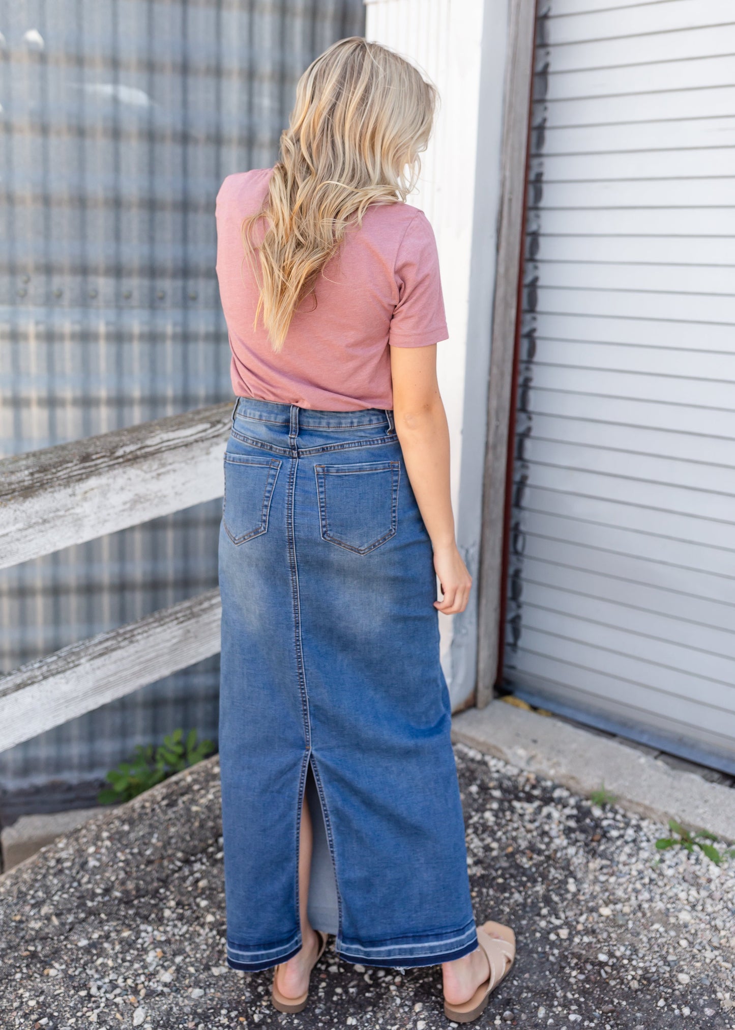 Cheyenne Distressed Raw Hem Long Denim Skirt
