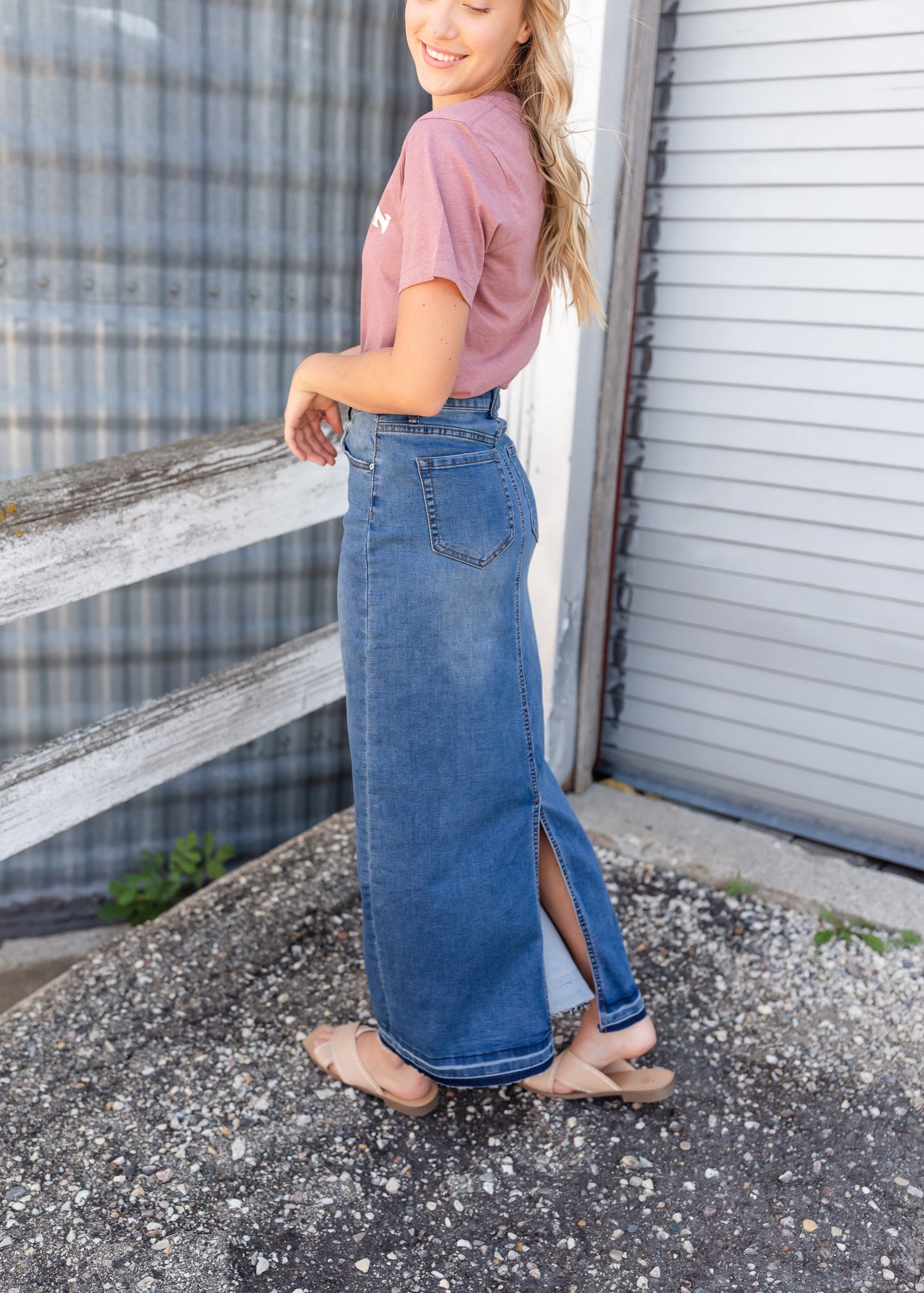 Cheyenne Distressed Raw Hem Long Denim Skirt