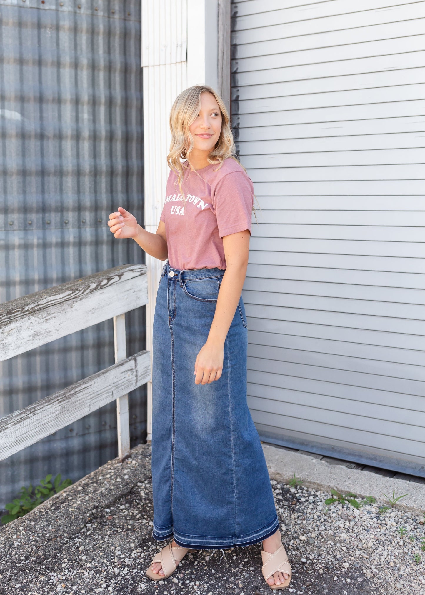 Cheyenne Distressed Raw Hem Long Denim Skirt