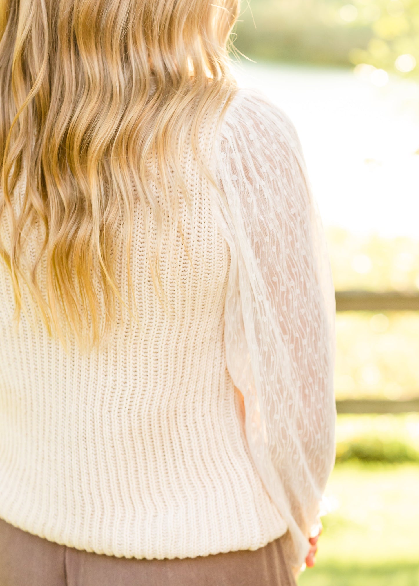 Cream Crochet Sweater W/ Sheer Sleeves
