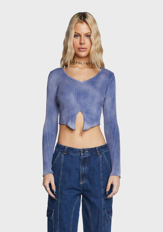 Washed Blue Ribbed Knit Top
