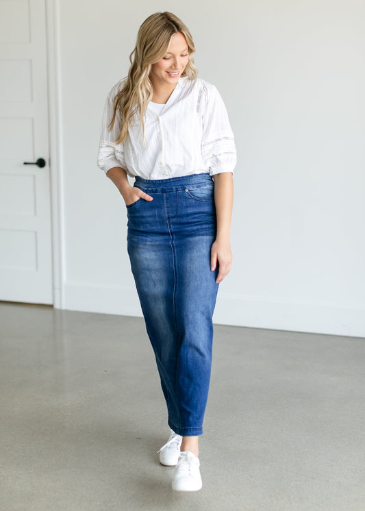 Donna Vintage Wash Long Denim Skirt